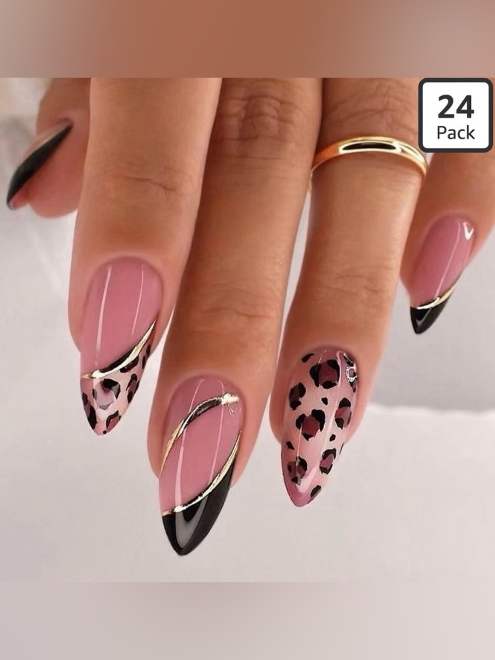 Medium Almond Press-On Nails Pink Leopard & Black Accent Classy Elegant Mob Wife